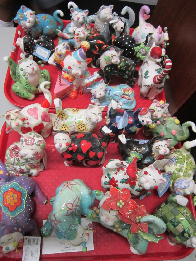 26 Porcelain Whimsi Clay Cat Figurines: 26 Porcelain WhimsiClay Cat Figurines, by Amy Lacombe, all with paper tags, some signed, hand painted with applied accent decoration, 4" - 6" Condition: a few might have some minor crazing and a few m