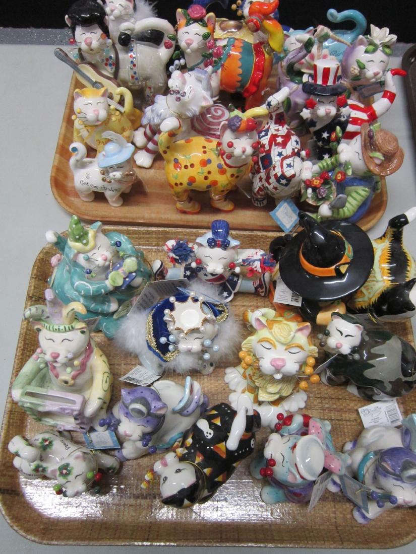 19 Porcelain Whimsi Clay Cat Figurines: 26 Porcelain WhimsiClay Cat Figurines, by Amy Lacombe, all with paper tags, some signed, hand painted with applied accent decoration, 4" - 6" Condition: a few might have some minor crazing and a few m