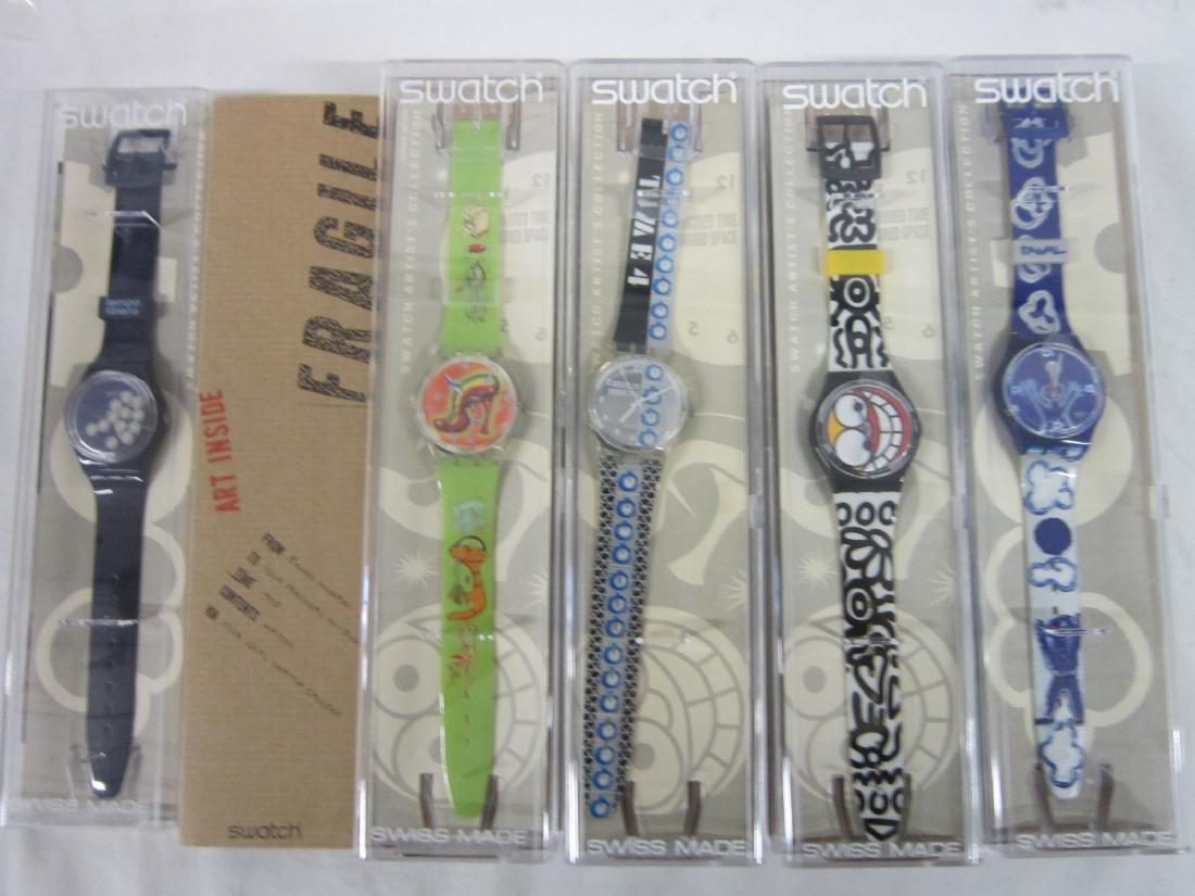 5 Swatch Watches Artist Collection: Five Swatch Watches Artist Collection, new old stock, all in original hard plastic cases with cardboard oversleeves and folded information sheets including: Tempo Libero, GN 172, Moon Child, GN 173, A