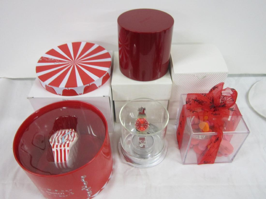 3 Swatch Watches Valentine & Other: Three Swatch Watches Valentine & Other, all new old stock, in original boxes with folded information sheets including: Cupid;s Bow, GK 371 (in hard plastic cube case with foam heart), Sweet Valent