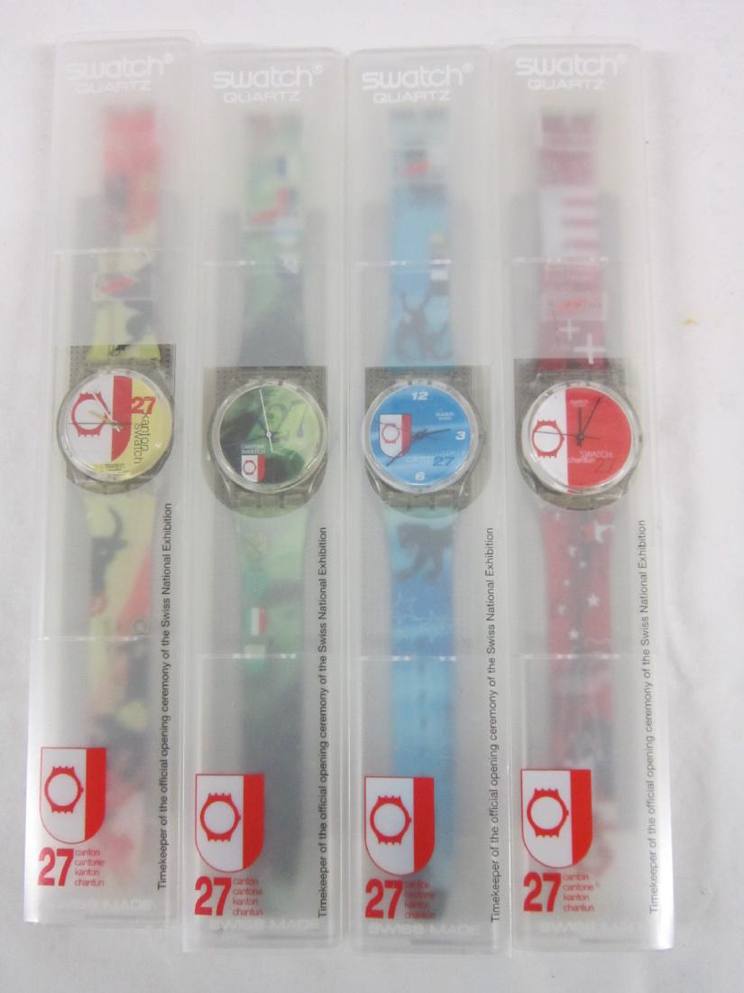 4 Swatch Watches-27 Canton: Swatch Watches, 27 Canton, limited edition in original hard plastic cases with plastic over cased and folded information sheets including: 27 Mr Cantone Swatch Verte, G2 173, 27EME Canton Swatch Jamne