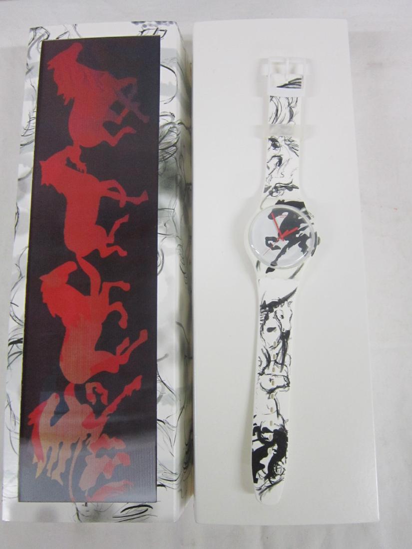 Swatch Watch In Original Box: Swatch Watch In Original Box, Year of the Horse, Soux 169, new old stock, in original cardboard box, flip lid with "Flicker" horses graphic on lid, cardboard over sleeve, for 2014 Chinese Year of the