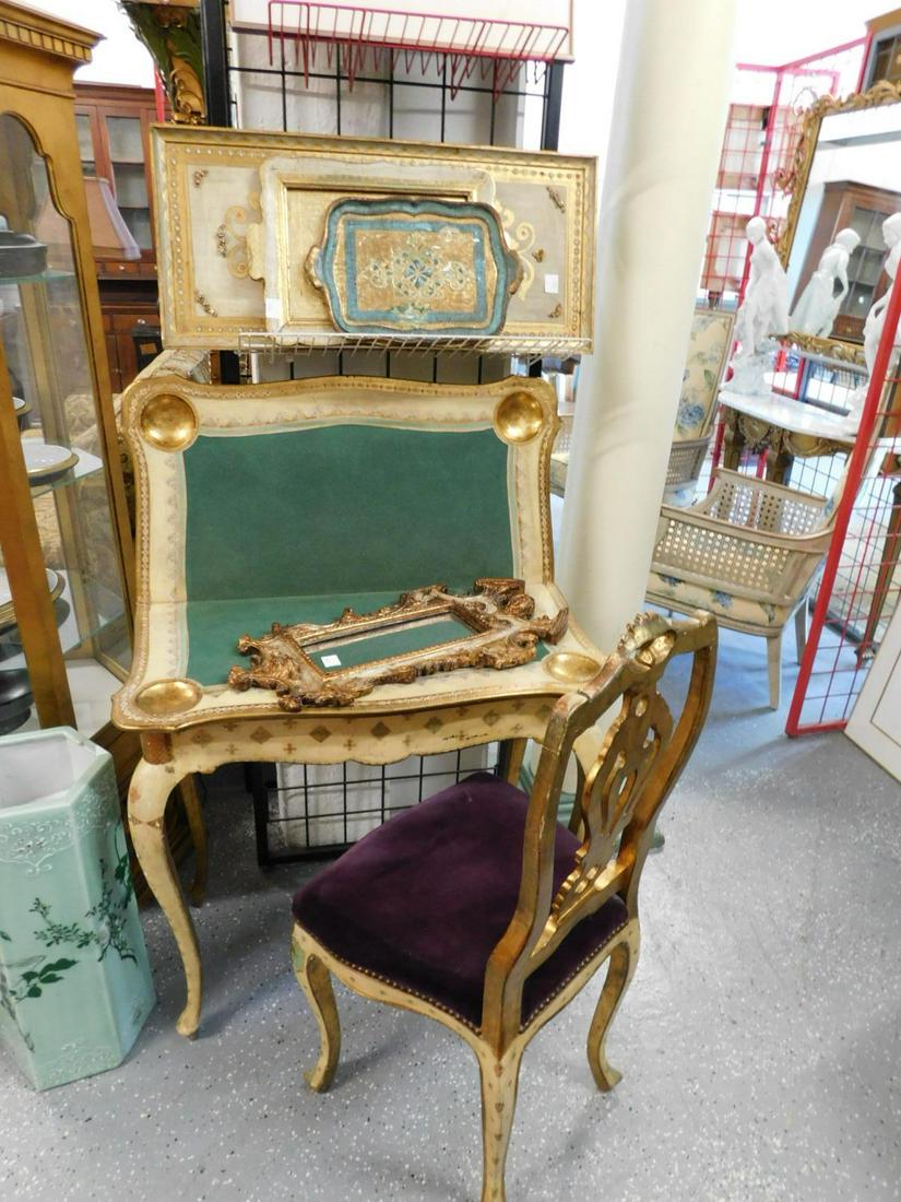 Venetian Style Furniture Group: Venetian style furniture group, gilt antiqued white & polychromed wood, includes; a fold top games table interior felt liner and gilt chip cups, 4 cabriole legs, 17" x 33" x 30 1/2", a shell crested,