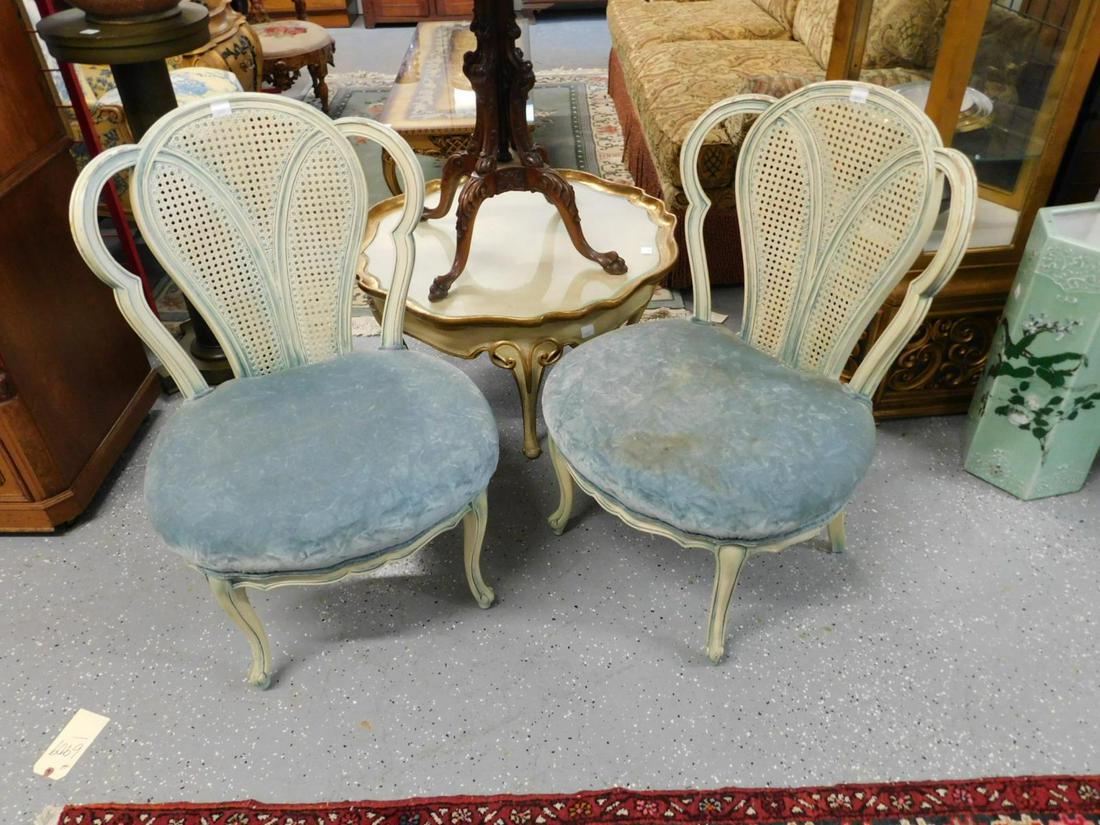 French Provincial Furniture Group: French Provincial furniture group all antiqued white finish, includes pr caned pretzel back Boudoir chairs with aqua crushed velvet seats, hgt 36", and a scalloped top coffee table with 4 cabriole leg