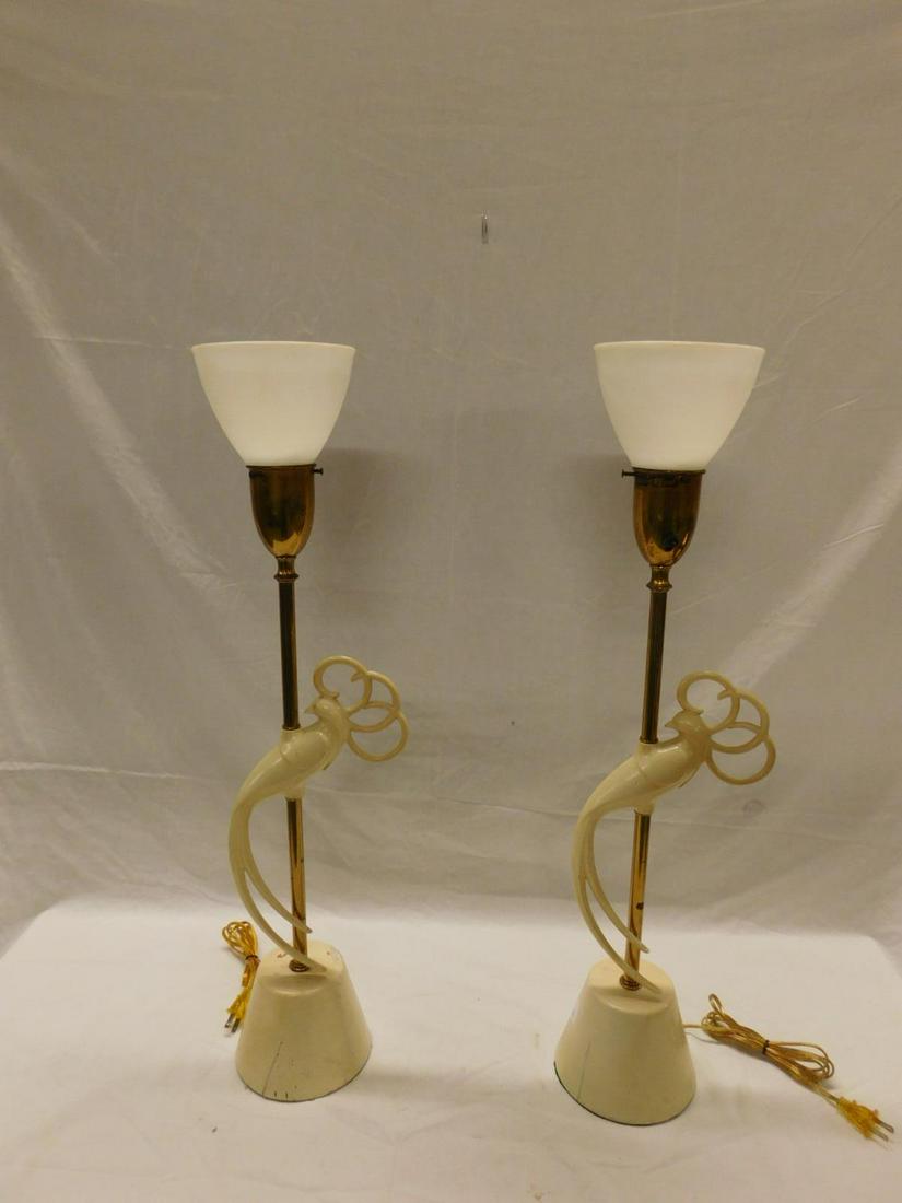Pair Mid Century Modern Bird Lamps: Pair Mid Century Modern Bird Lamps by Rembrandt Lamps, cream enameled metal, fire birds are held by a brass tubular rod upon a cream enameled modified cone form wood base with opalescent glass shades,