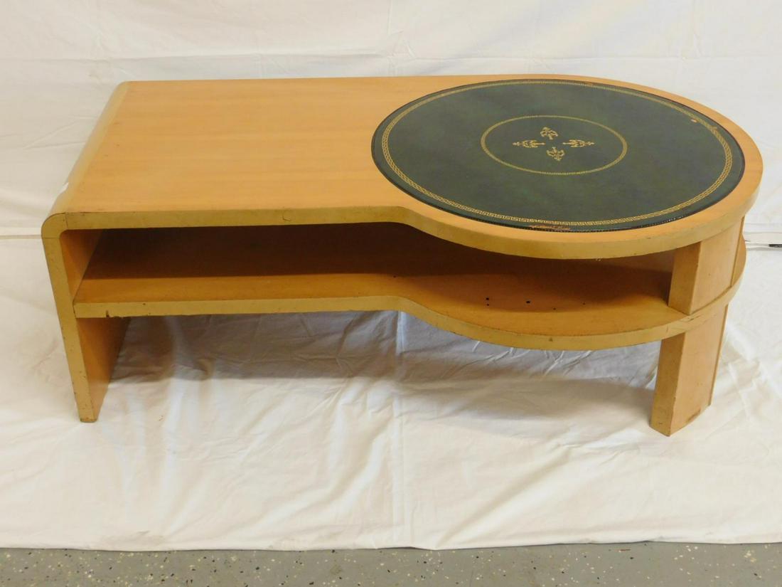 Mid Century Modern 3 Pc. Coffee & End Table Set: Mid Century Modern/Art Moderne, 3 piece coffee and end table set, honey mahogany with forest green tooled leather round insert tops including; demilune 3 tier end tables, 25" x 25" x 20" and rounded e