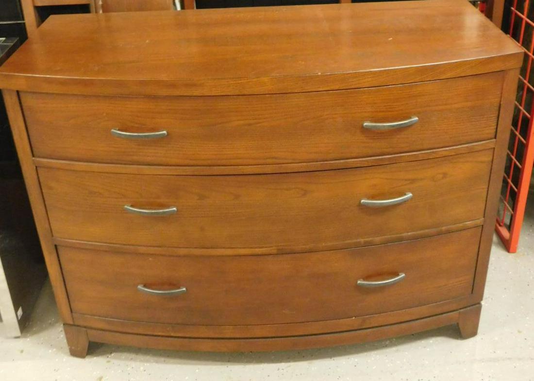 Contemporary 2 Piece Bedroom Set: Contemporary 2 piece bedroom set by Ethan Allen, oak including; bow front 3 drawer bureau with pewter finished hardware, 46" x 22" x 36 3/4" and full size slat back bed, 47 1/2" h., 21st c. Condition;