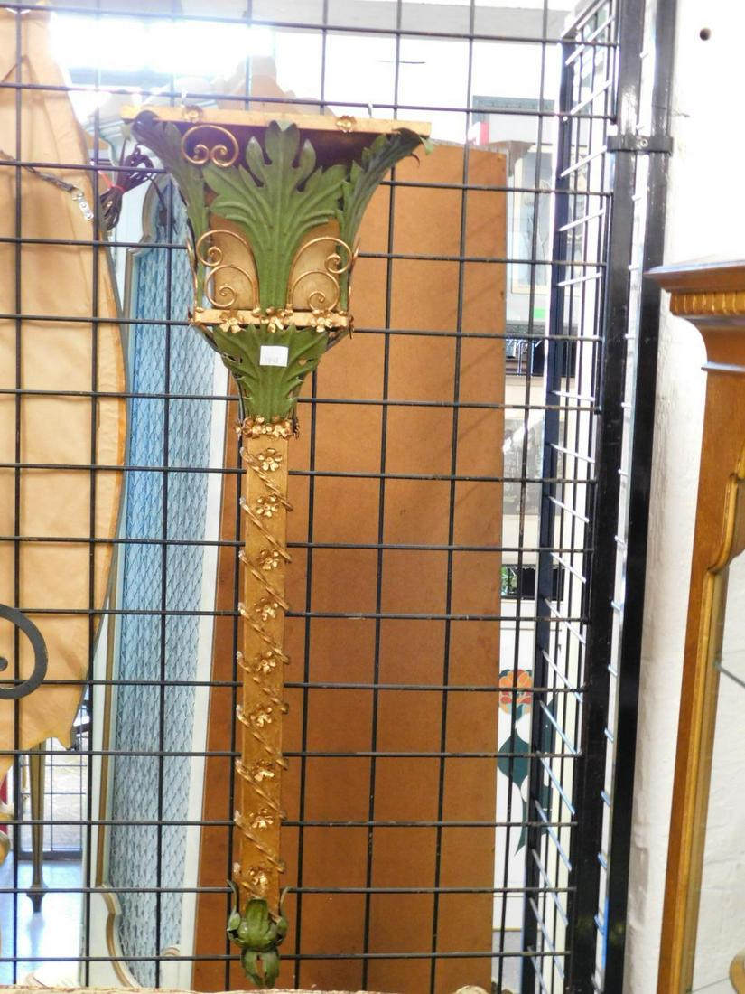 Pair Classic Stylized Wall Planters: Pair Classica stylized wall planters in torch form, gilt and green patinated metal, scroll, rosette and twist motifs, 47" x 14" x 7" late 20th c. CONDITION: Very good, no issues noted.