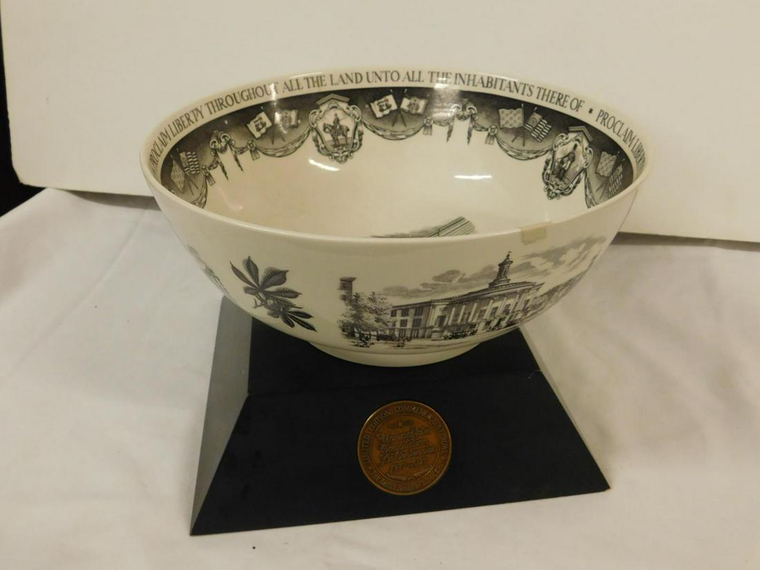 Wedgwood Philadelphia Bowl: Wedgwood Queensware "The Philadelphia Bowl" Expressly designed for Bailey Banks & Biddle Co.; 4"h, 9 1/2"d, rests on an ebonized wood plinth with inset medal "Limited Edition Commemorative Bowl - Unit