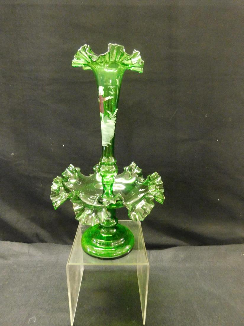 3 Mary Gregory Glass Pieces & Other: Three Mary Gregory Glass Pieces and Other, all hand blown, includes: green glass epergne with ruffled rims, 14 1/2"h; a green glass cylindrical covered jar, 12 1/2"h; a blue glass cylindrical vase, 11