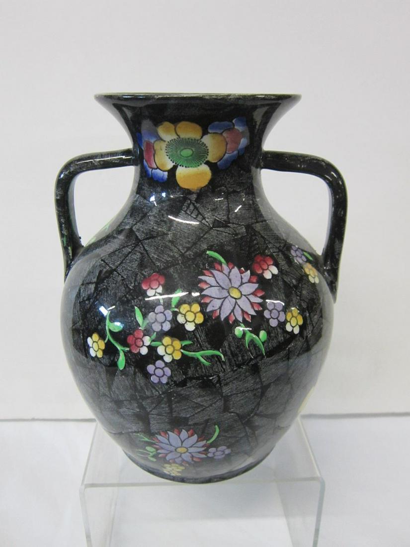 Copeland Spode Portland Vase: Copeland Spode Portland Vase, unusual earthenware vase in the Portalnd Vase shape, decorated with hand-colored black transfers in the Aesthetic style, of rocks or cracked ice with flowers. size: 7 1/2