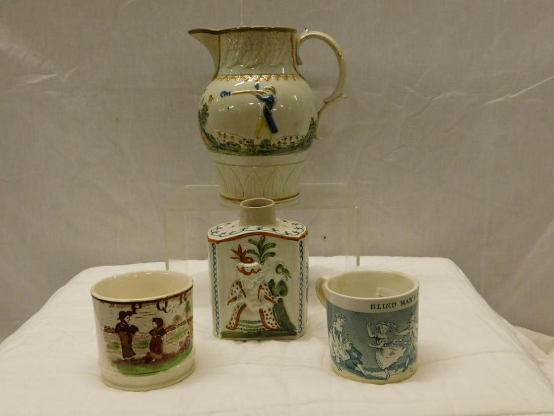 Antique Pearlware Pitcher, Mugs and Tea Caddy: Antique Pearlware pitcher, mugs and tea caddy including; pitcher with raised work Hunters in landscape, 6 1/2" h., tea caddy with raised work Queen and other political figures, 4 3/4", (2) child's mug