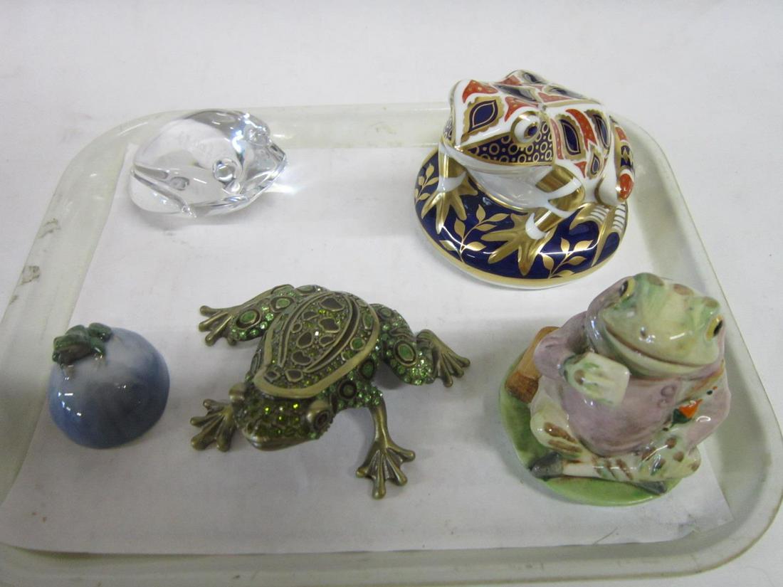 5 Frog Figures: Five Frog Figures includes: Royal Crown Derby porcelain, 3"h; Beatrix Potter "Jeremy Fisher", 3"h, Val St. Lambert "De Sousa" glass 3"k; Royal Copenhagen #507 1 1/2"h, and unmarked cast metal enameled