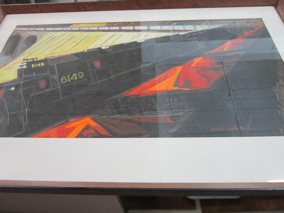 Original Gouache of Train for Magazine Cover: Original Gouache of Train for magazine cover by Dan Finnell (magazine unknown), P.R.R. Engine with tender and train cars, curve on side of mountain, site = 16 1/2" x 31 1/4" in matted frame, 24 1/8" x