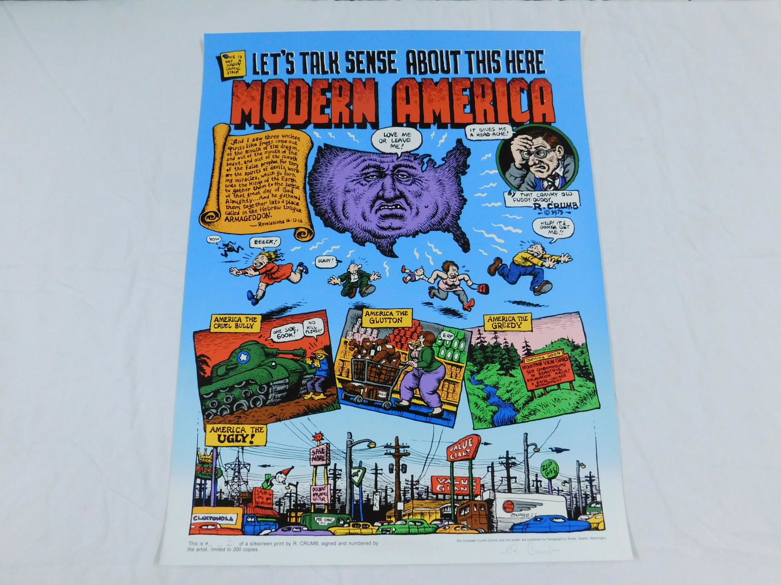 R Crumb Modern America Signed Print #1: A signed, limited edition serigraph by iconic cartoonist Robert Crumb (American, born 1943), generally known as "Let's Talk Sense About This Here Modern America", published by Fantagraphics in Seattle