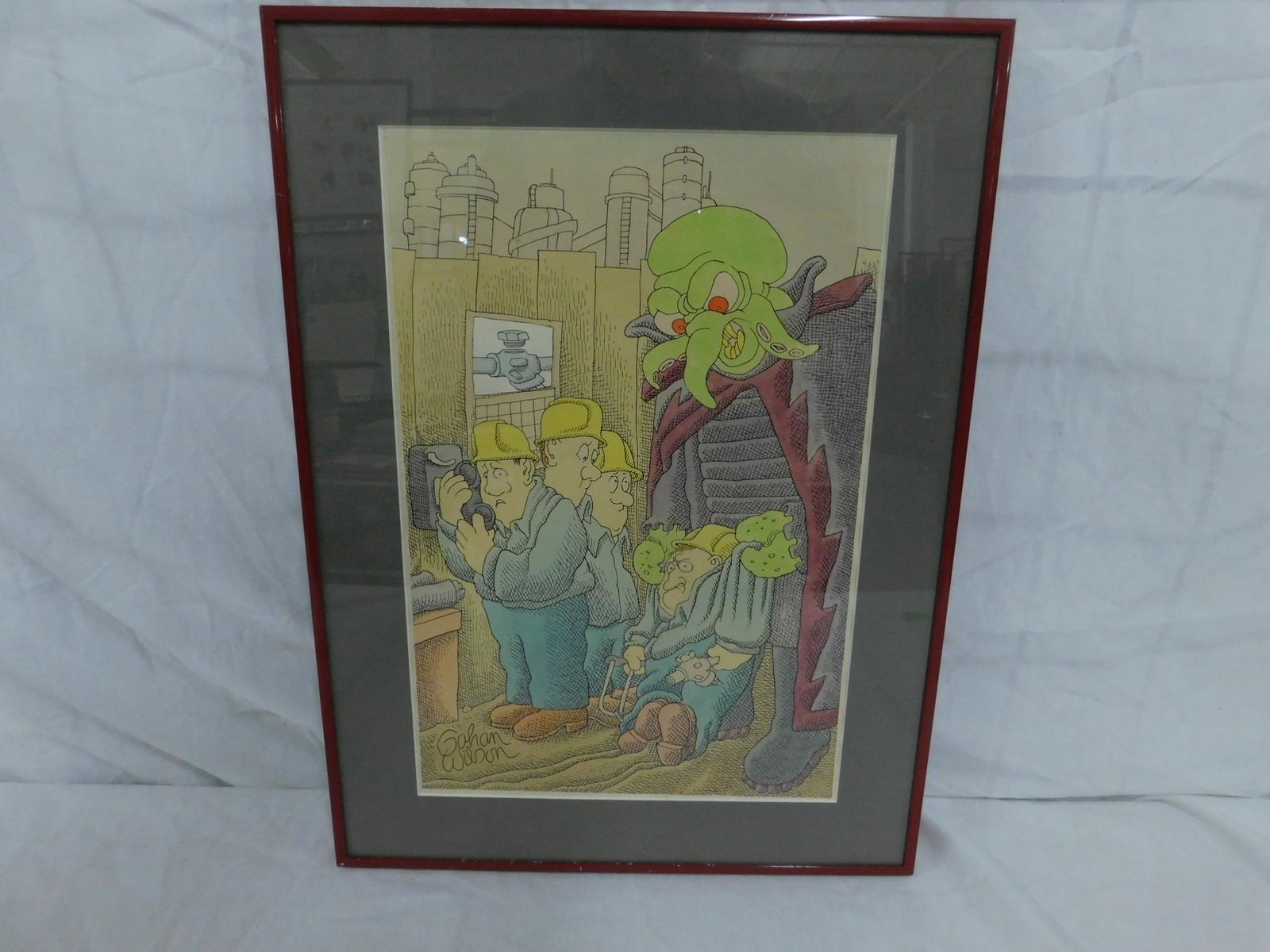 Gahan Wilson Drawing Alien & Construction Workers: An original pen, ink and watercolor drawing by cartoonist Gahan Wilson (American, 1930-) for a cartoon of an alien dragging off a construction worker holding a hacksaw and a pipe fitting while two oth