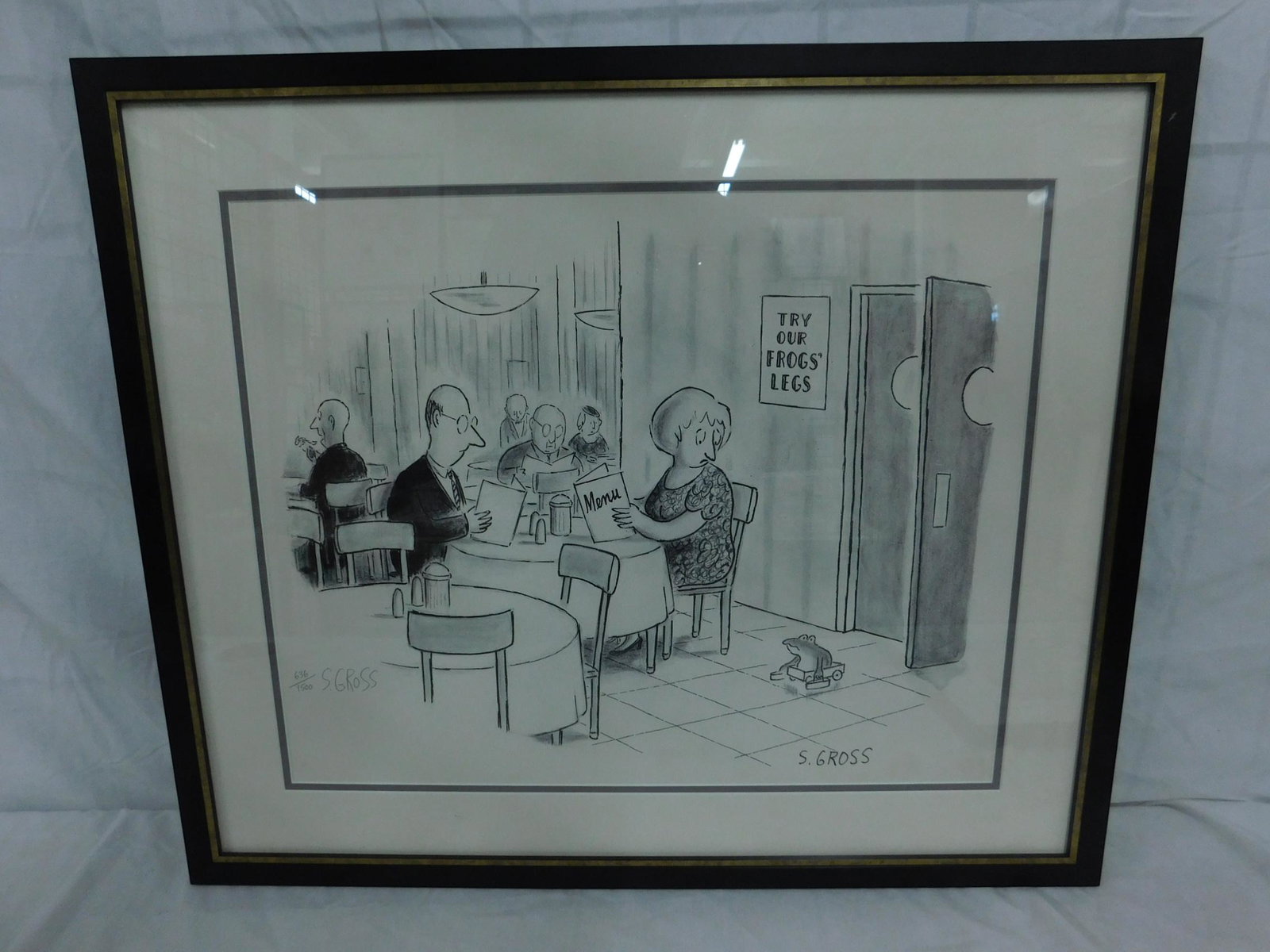Sam Gross "Frogs Legs" Signed Numbered Litho: A framed litho of the famous "Try our frogs' legs" cartoon. This is #636 of an edition of 1500 of his iconic cartoon, published in National Lampoon in 1970. Signed S. Gross lower left. There were two 