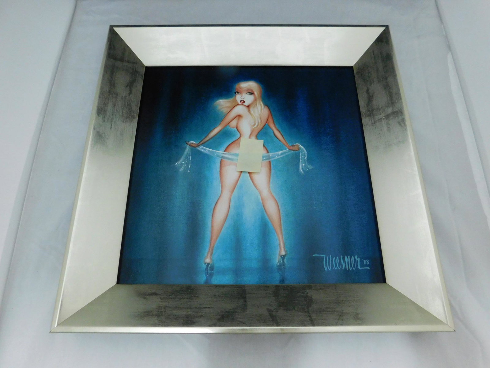 Keith Weesner "Sapphire" Acrylic on Board: A framed, original acrylic on board by retro/vintage punup artist Keith Weesner, titled "Sapphire", showing a nude woman from behind, standing, holding a sheer scarf. Signed lower right, dated 2008. A