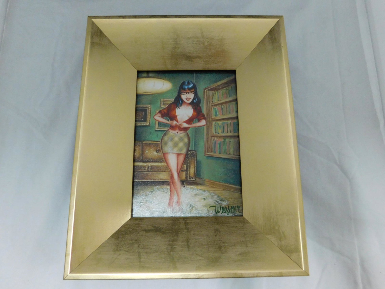 Keith Weesner "Study" Acrylic on Board: A small, framed acrylic on board by retro pinup artist Keith Weesner, titled "Lush" and painted in 2006. It's of a nude red-headed female in a jungle setting. Size: panel is 6" X 8", frame is 9.75" X 