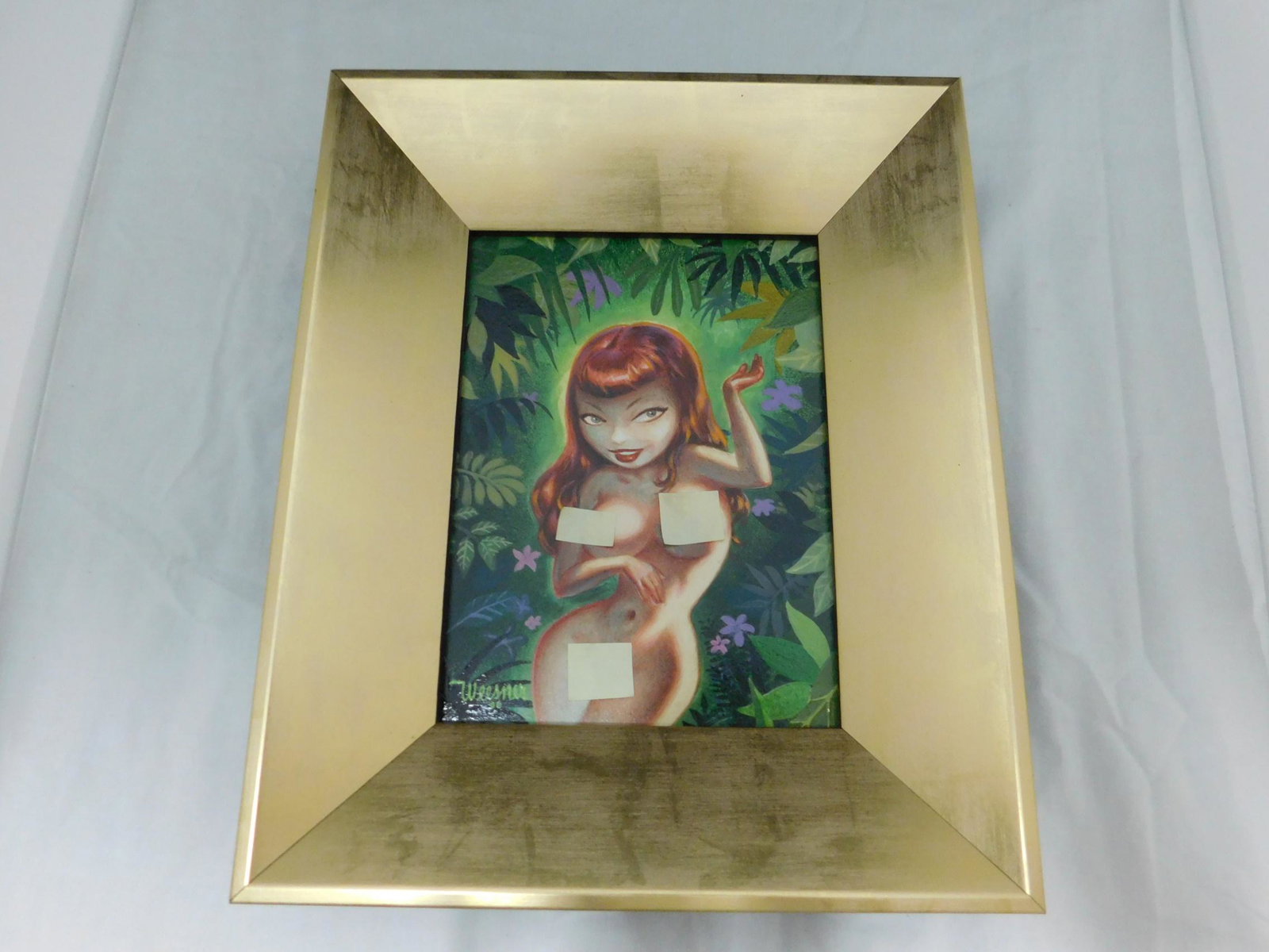 Keith Weesner "Lush" Acrylic on Board: A small, framed acrylic on board by retro pinup artist Keith Weesner, titled "Lush" and painted in 2006. It's of a nude red-headed female in a jungle setting. Size: panel is 6" X 8", frame is 9.75" X 