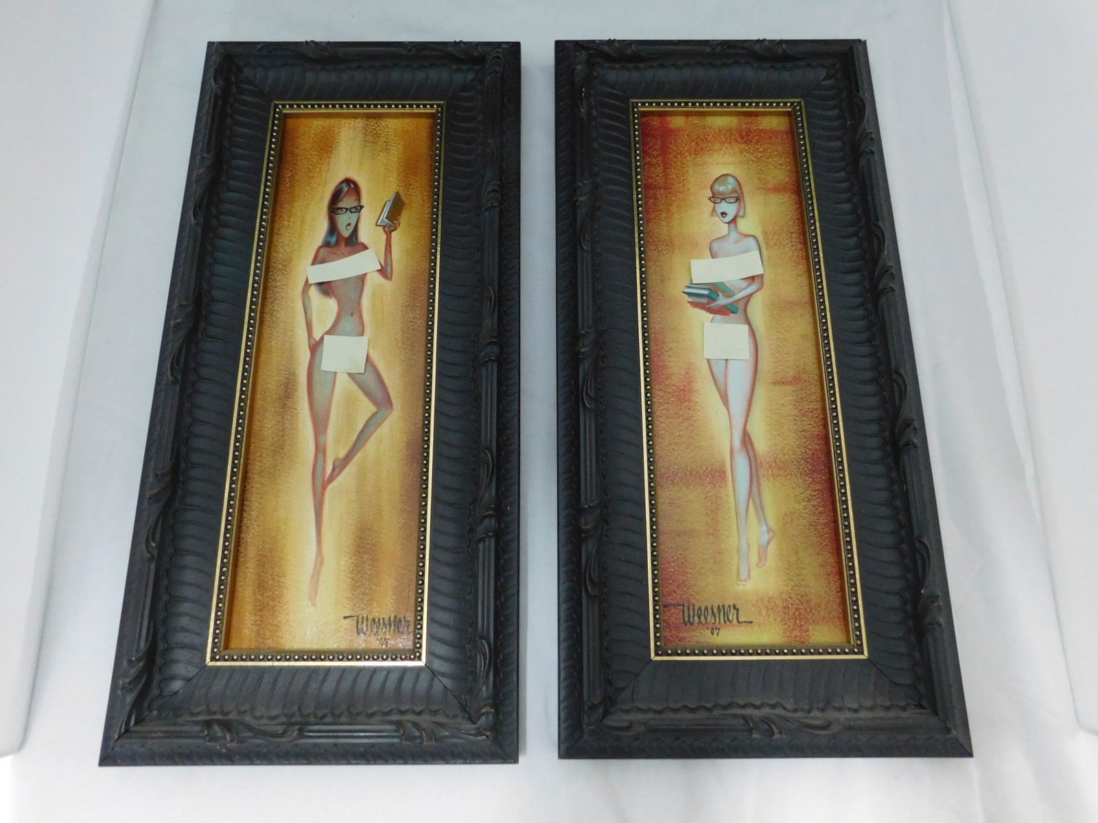 Keith Weesner "Ex Libris" I & II: [2 items] A pair of framed paintings by vintage/retro pinup and hot rod artist Keith Weesner. They're titled "Ex Libris I" and "Ex Libris II". Both show nude women with glasses against red-orange abst