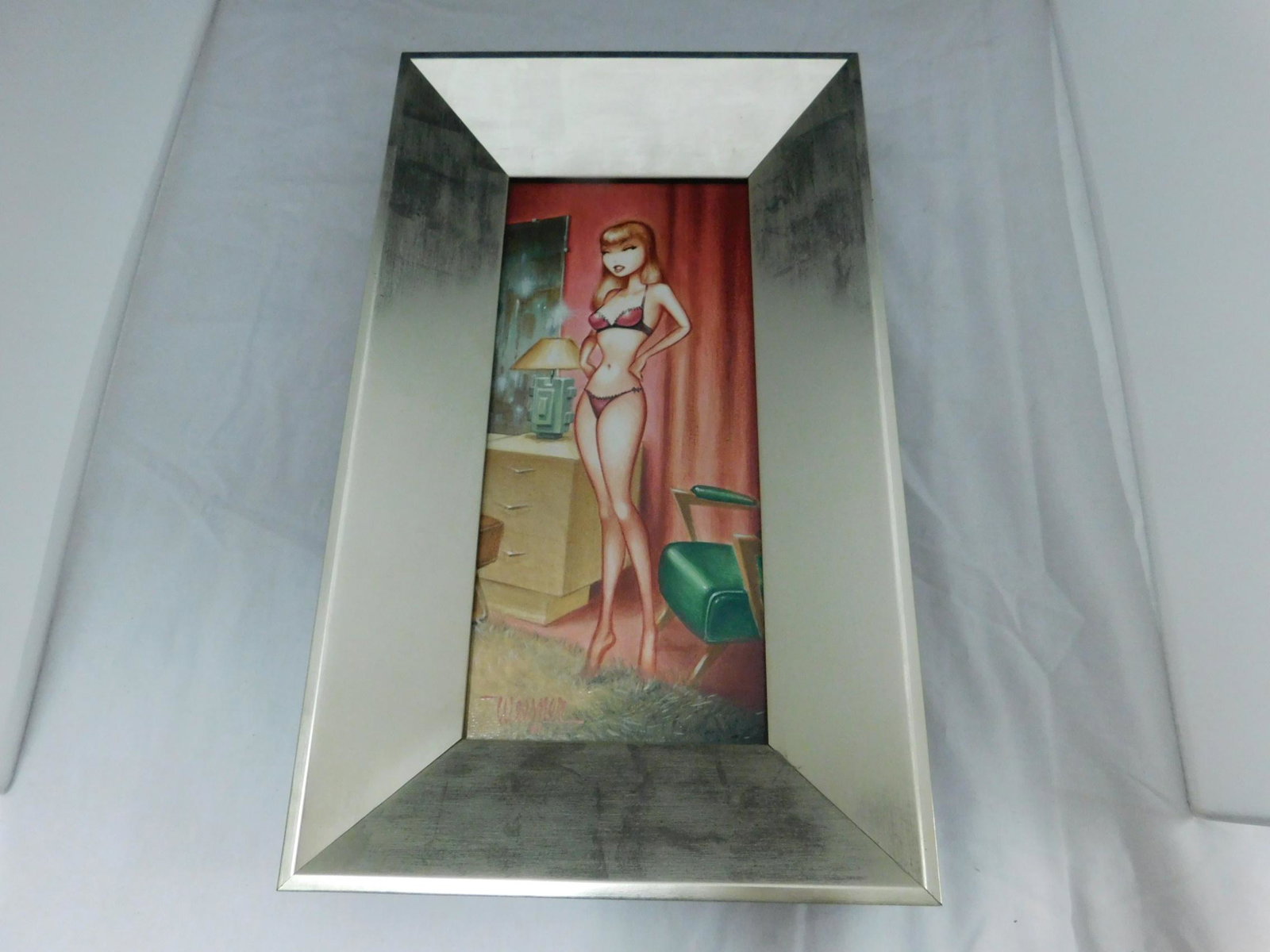 Keith Weesner "Angel" Acrylic on Board: A framed, original acrylic on borad by vintage/retro pinup artist Keith Weesner, titled "Angel", which shows a blond woman in lingerie standing before an MCM vanity. It forms a complete image with the