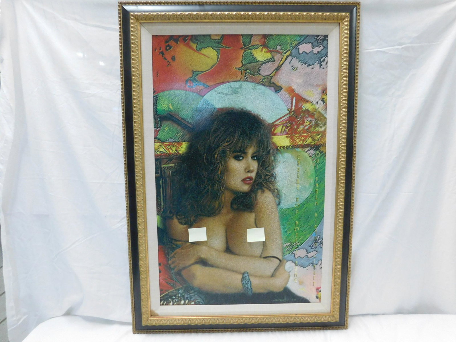 Walter Girotto "Impudent Speckles" Oil on Board: A framed oil and pastel on board by Walter Girotto (Italian, born 1953) or a topless woman (I believe based on adult film star Traci Lords) against a vibrant, almost riotous background. It's titled "I