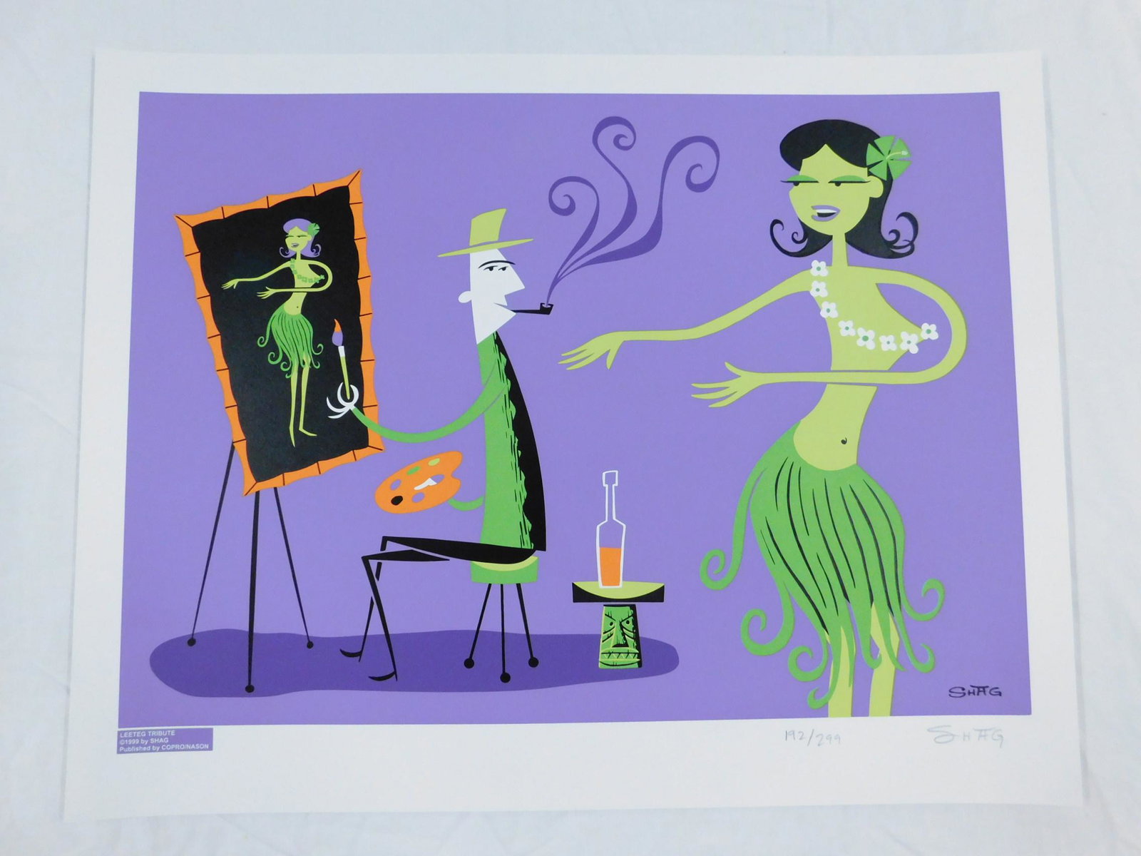 Shag "Leeteg Tribute" Sgd Ltd Ed Print: A signed, limited edition color print by retro artist Shag (Josh Agle) titled "Leeteg Tribute", honoring vintage black velvet/Tiki painter Edgar Leeteg, showig the artist at work painting a hula girl.