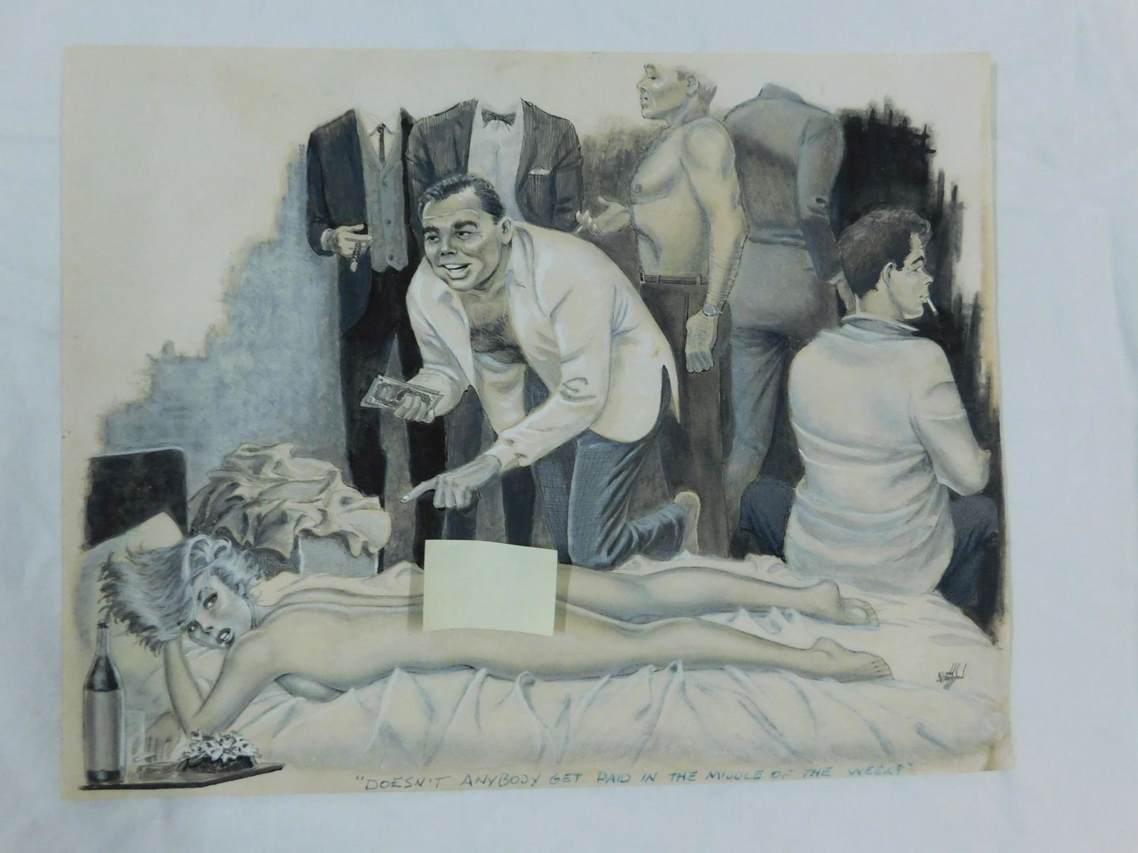 Lynn Harrison Original Artwork: A really fine erotic cartoon by Lynn Harrison (American, b 1933) in his early, mixed media technique, in this case "...rubbed charcoal with ink and white tempera paint". It shows a nude woman lying on