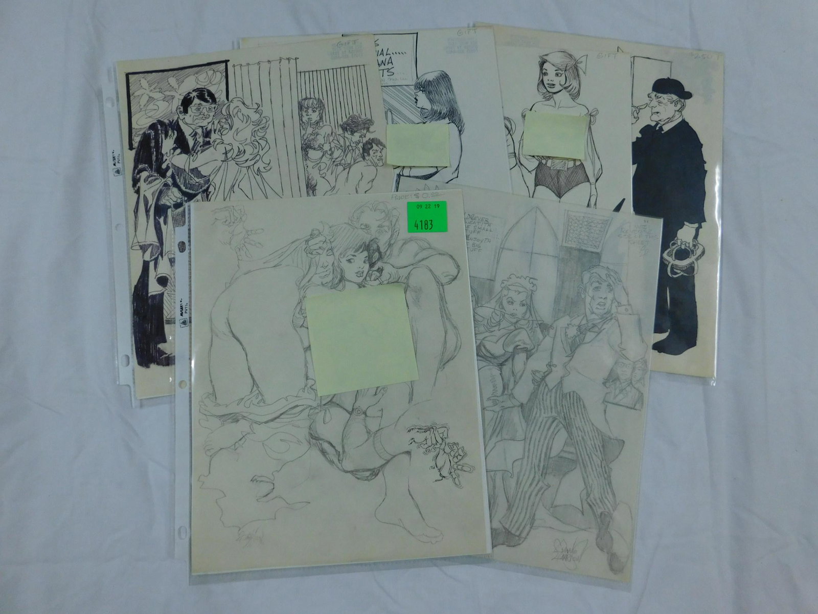 Lynn Harrison Drawings & Sketches: A lot containing 11 sheets (one double-sided) of sketches and drawings on paper by erotic cartoonist Lynn Harrison (American, born 1933) mostly for cartoons published in Sex to Sexty. According to the