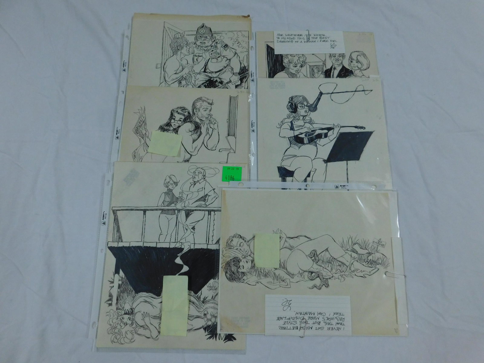 Lynn Harrison Drawings & Sketches: A lot containing 10 sheets of sketches and drawings on paper by erotic cartoonist Lynn Harrison (American, born 1933) mostly for cartoons published in Sex to Sexty. According to the artist, he would s