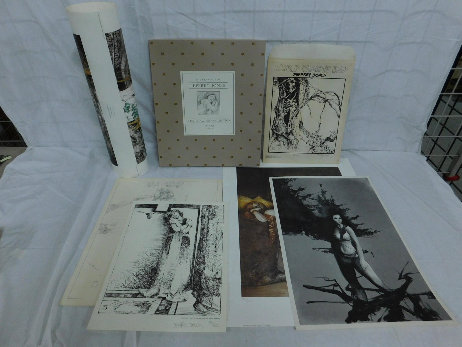 Jeffrey Jones Signed Ltd Ed Prints.: [7 items] Signed, limited edition prints by fantasy and erotic artist Jeffrey Catherine Jones (American, 1944-2011), including: print of a standing female figure with flying dove, copyright 1978 (sign