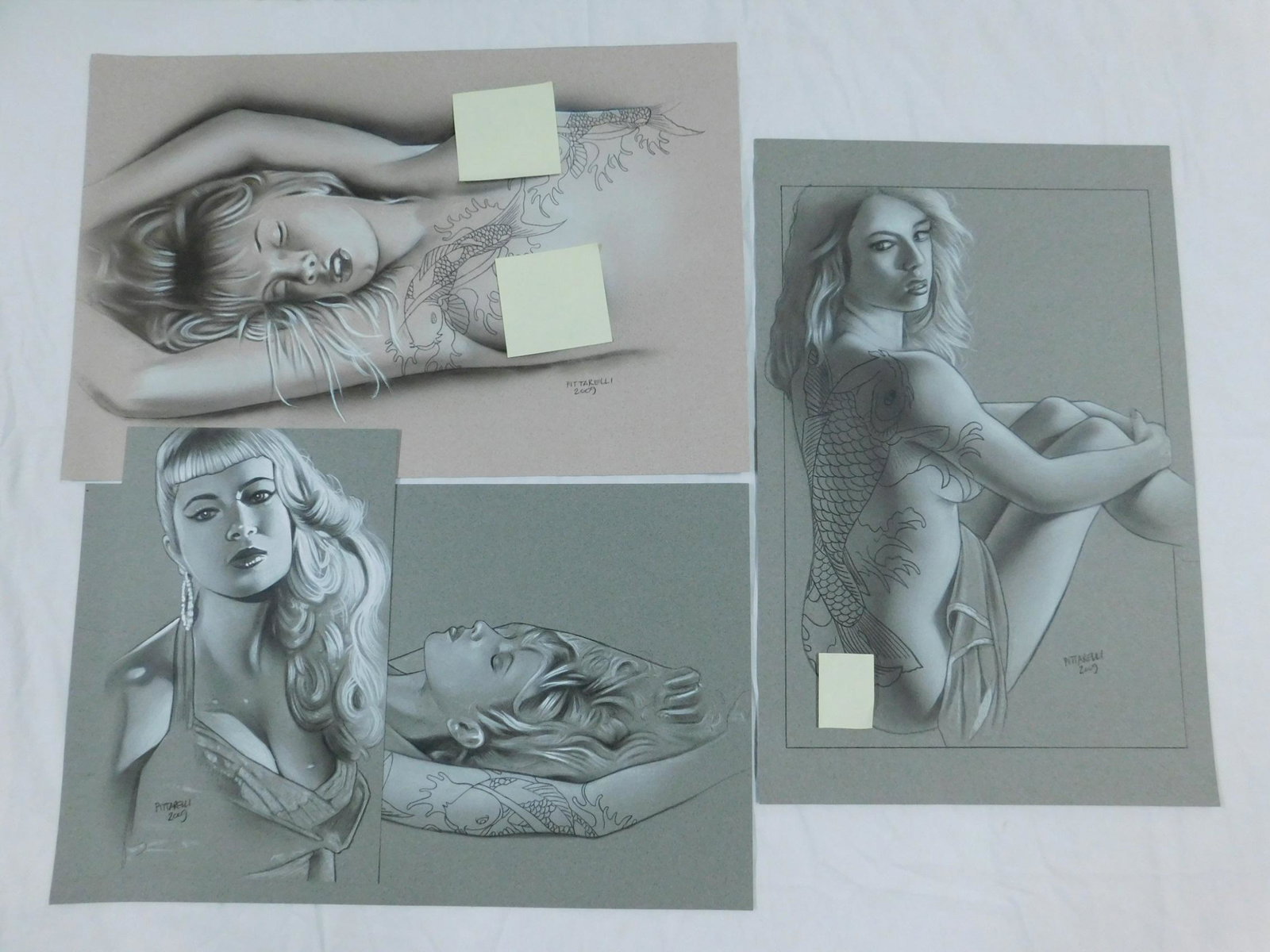 Jeff Pittarelli Four Traci Lords Drawings #1: [4 items] Drawings by American erotic/comic book artist Jeff Pittarelli, all of entertainer and adult film star Traci Lords, including three drawings of Lords with koi tattoos, one of which was includ