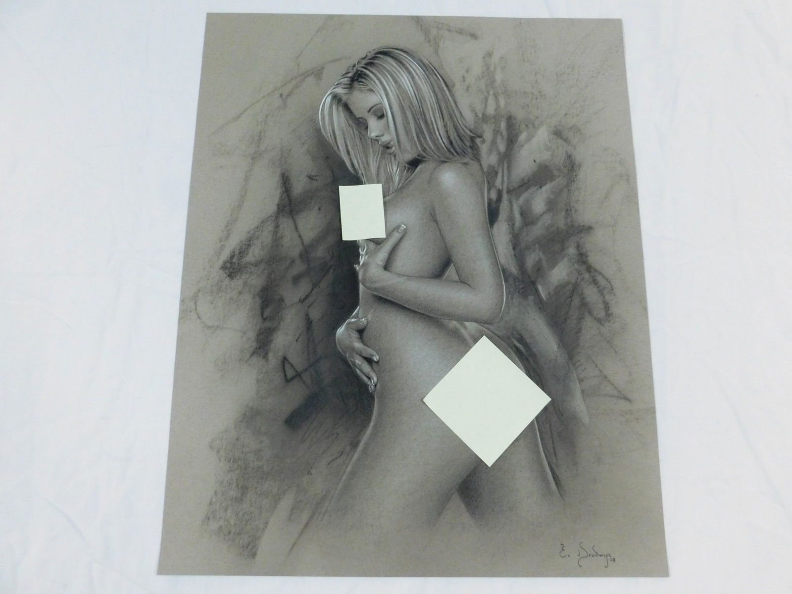 Erik Drudwyn "Chain Reaction" Drawing: A charcoal on Canson paper by erotic/comic book artist Erik Drudwyn (American, born 1968) titled "Chain Reaction", executed in 2008. It shows a nude young woman against an abstract background. Signed