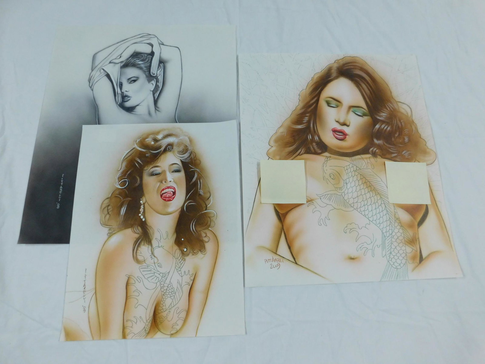 Jeff Pittarelli Three Pastel Drawings Traci Lords: [3 items] Drawings by American erotic/comic book artist Jeff Pittarelli, all of entertainer and adult film star Traci Lords, two with koi tattoos, all executed in pastel on paper. One, the black and w