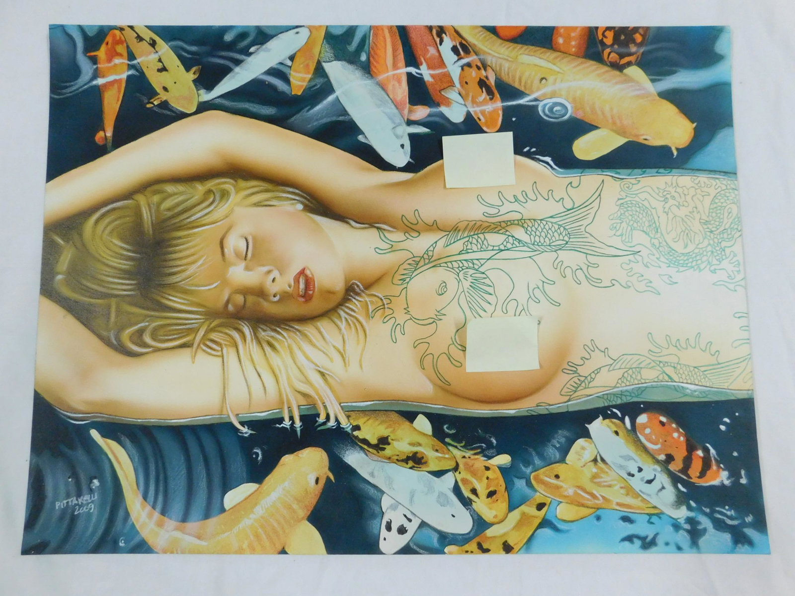 Jeff Pittarelli Traci Lords with Koi Painting: An acrylic painting on artist board by erotic artist Jeff Pittarelli of adult film star and entertainer Traci Lords, nude, floating in a pool of koi fish with a koi tattoo on her chest. signed lower l