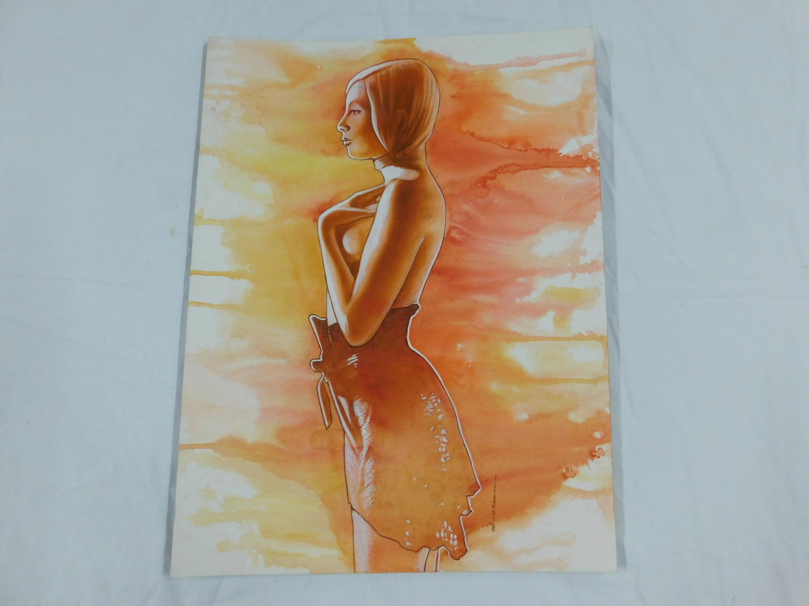 Jeff Pittarelli Traci Lords Watercolor #1: A watercolor painting on board of adult film star and entertainer Traci Lords by erotic artist Jeff Pittarelli, showing Lords standing in a black dress. This painting is the final image in the book "K