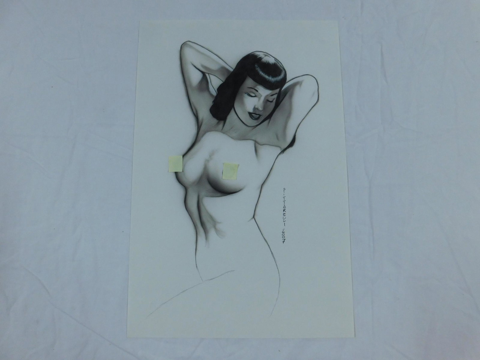 Jeff Pittarelli Drawing Traci Lords #3: An original pencil drawing by comic book artist Jeff Pittarelli of entertainer and adult film star Traci Lords as Bettie Page, dated 2007. From the collection of Albert J Raman, acquired from the arti