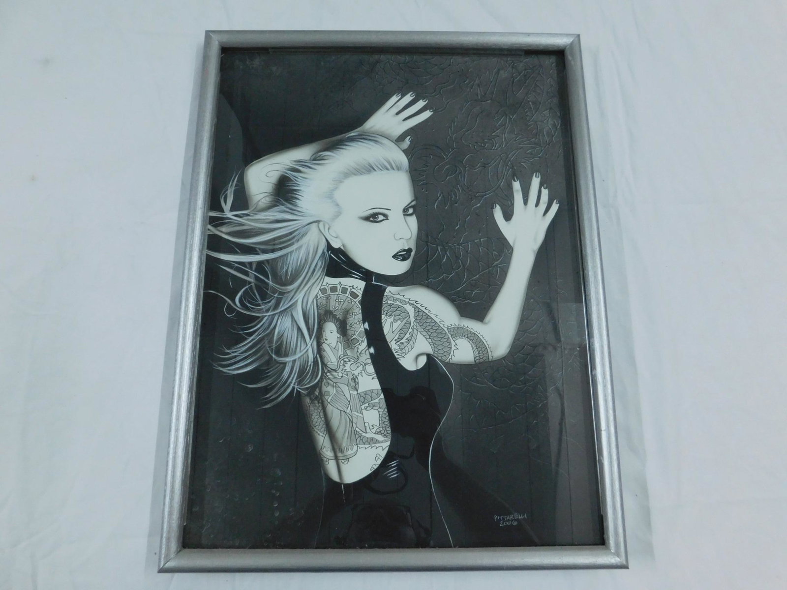 Jeff Pittarelli Traci Lords Geisha Dragon Tattoo: A framed acrylic on artist board by American erotic/comic book artist Jeff Pittarelli of adult film star and entertain Traci Lords, shown with a large and complex back tattoo of a Japanese woman in tr