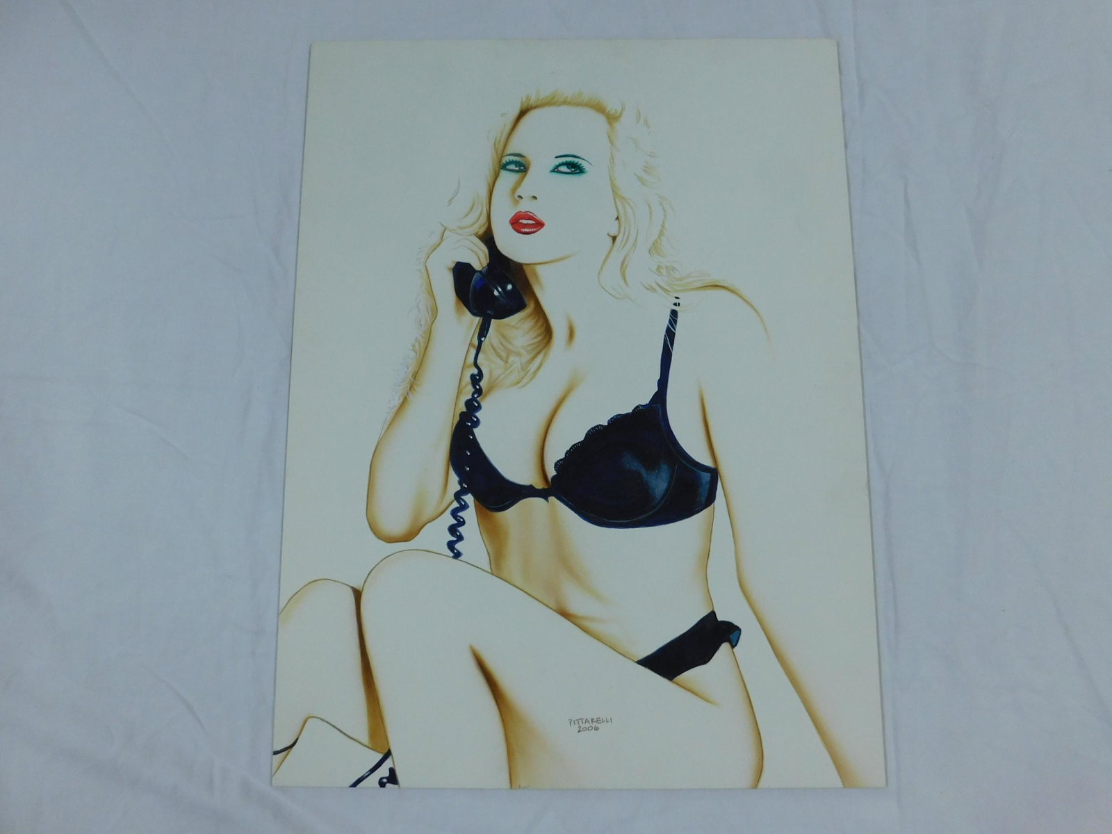 Jeff Pittarelli Painting "The Calling": An original painting by contemporary comic book artist Jeff Pittarelli. It's an acyrlic on artist board, titled "The Calling" of film star and entertainer Traci Lords, holding a telephone handset. Sig
