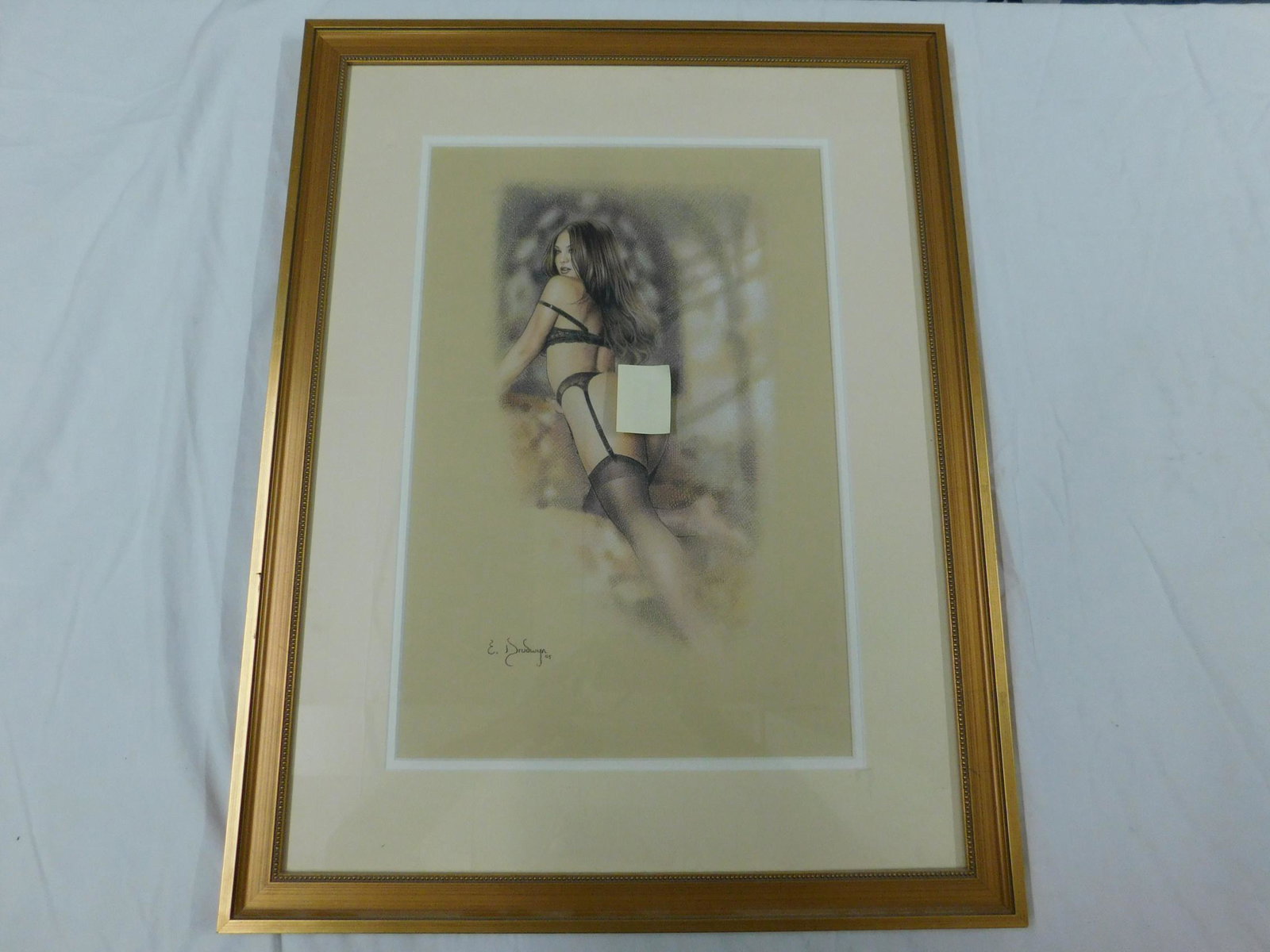 Erik Drudwyn "Worshipping Lisa" Drawing: A framed, charcoal and pastel on beige paper by erotic/pin-up artist Erik Drudwyn (American, b 1968) titled "Worshipping Lisa" showing a young woman in lingerie as seem from behind. Signed lower left,