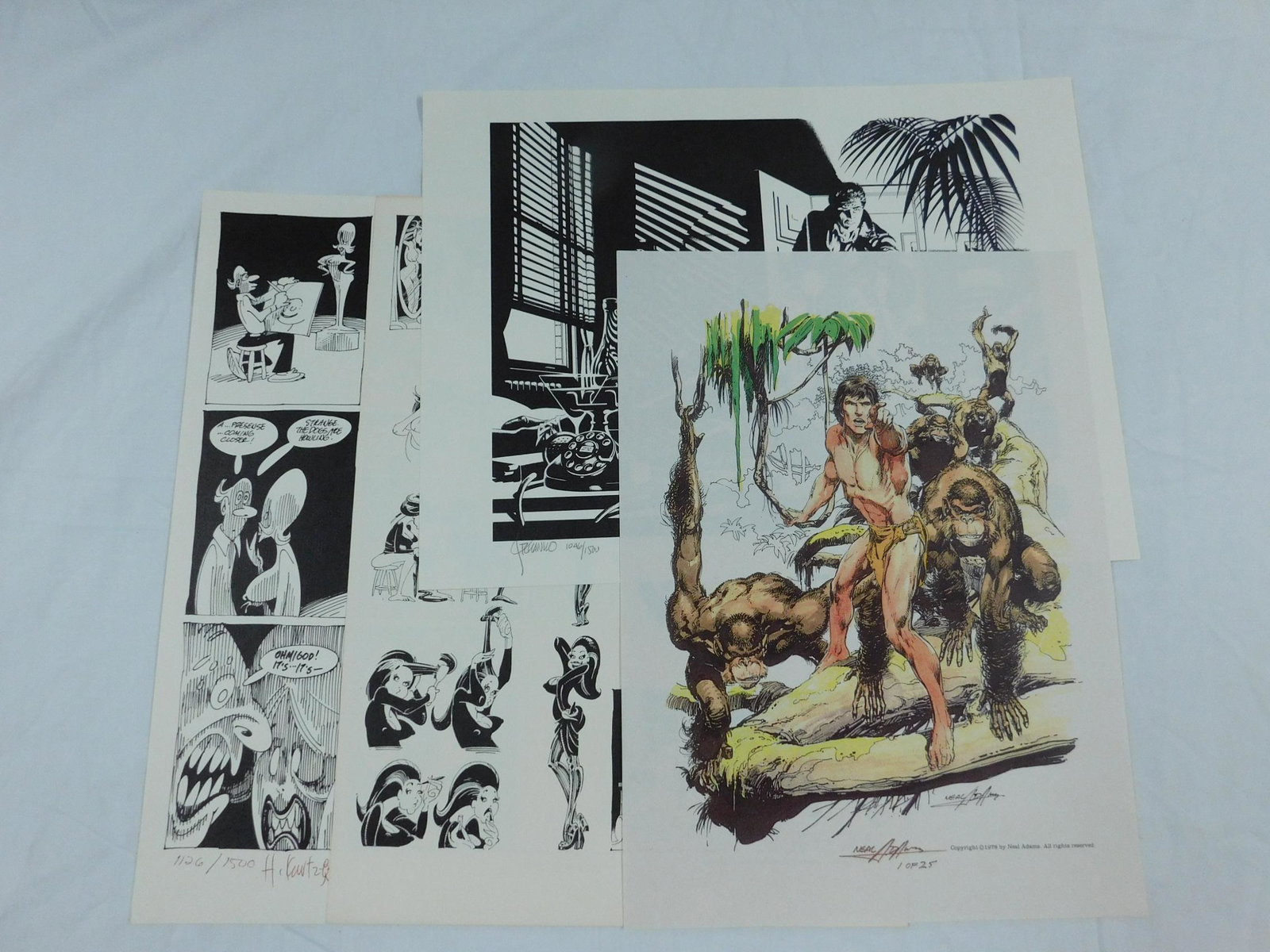 Illustration Art Prints Lot: [4 items] A lot of illustration and cartoon art prints, including: A signed, hand-colored (1/25) print of Tarzan; a signed and numbered Jim Steranko of a detective discovering a body (dated 1978); a H