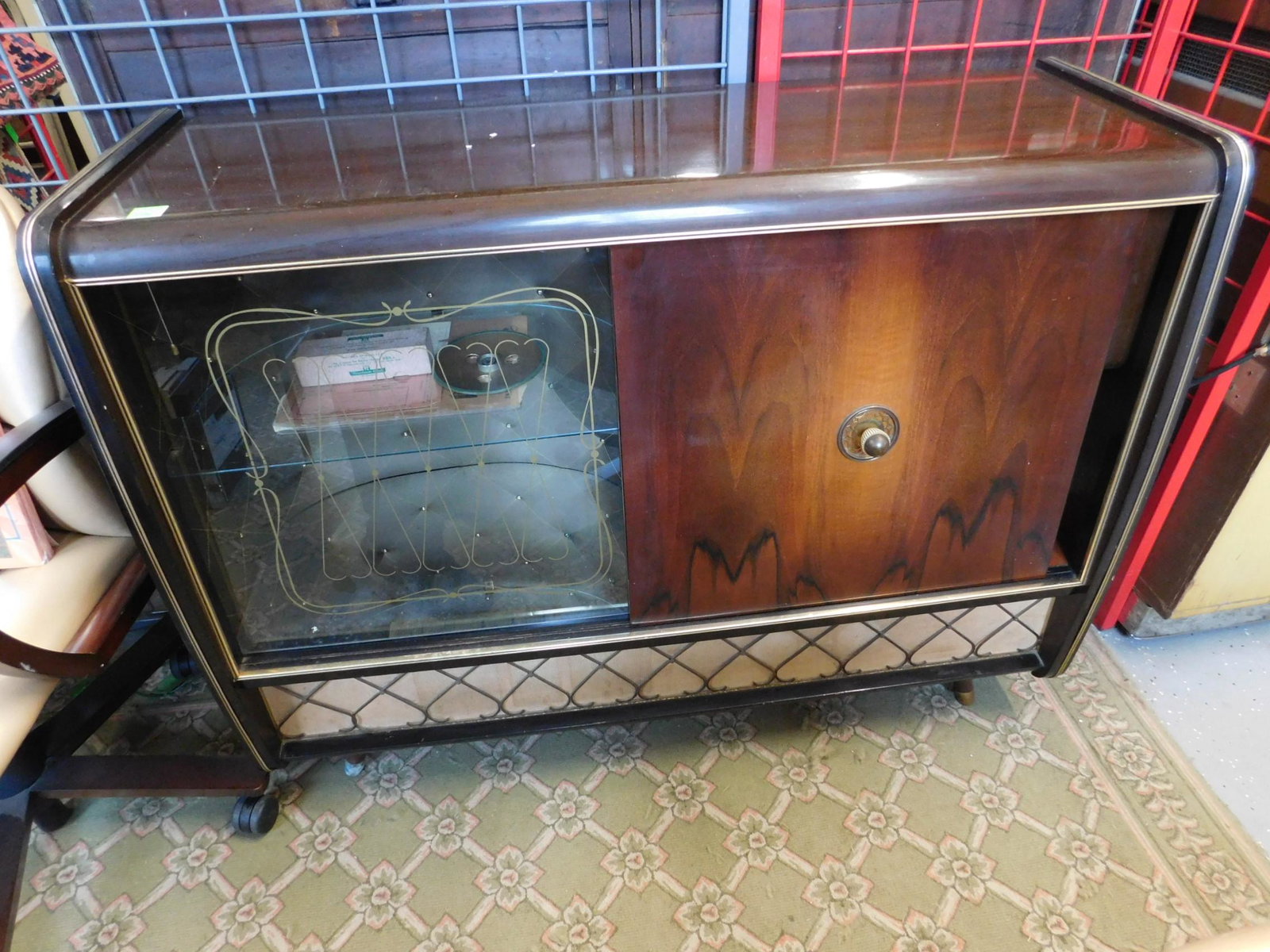 Vintage Blaupunkt Hi Fi Bar / Console: Vintage Blaupunkt Hi Fi Bar / Console, Arkansas 57, model 4345, hardwood veneered case with sliding wood and glass doors, bar side with tufted cloth back, glass shelf and mirrored bottom; includes: pu