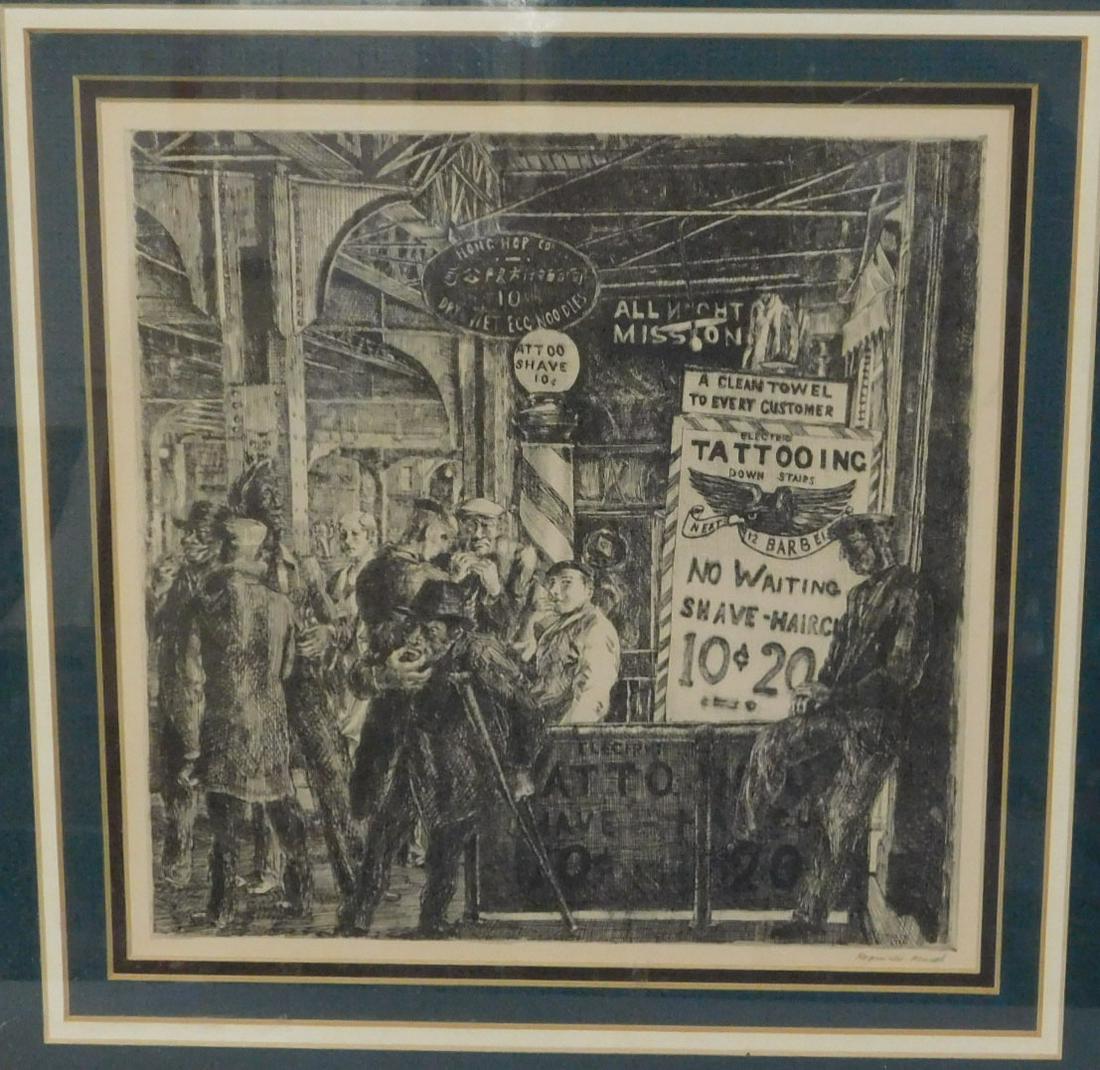 Reginald Marsh Print: Reginald Marsh Print, A modern reproduction of Marsh's etching "Tattoo - Shave - Haircut" of 1932, sight approx 8" x 8", in four mats with wood frame, 15" x 15", American / Paris 1898 - 1954, Marsh wa