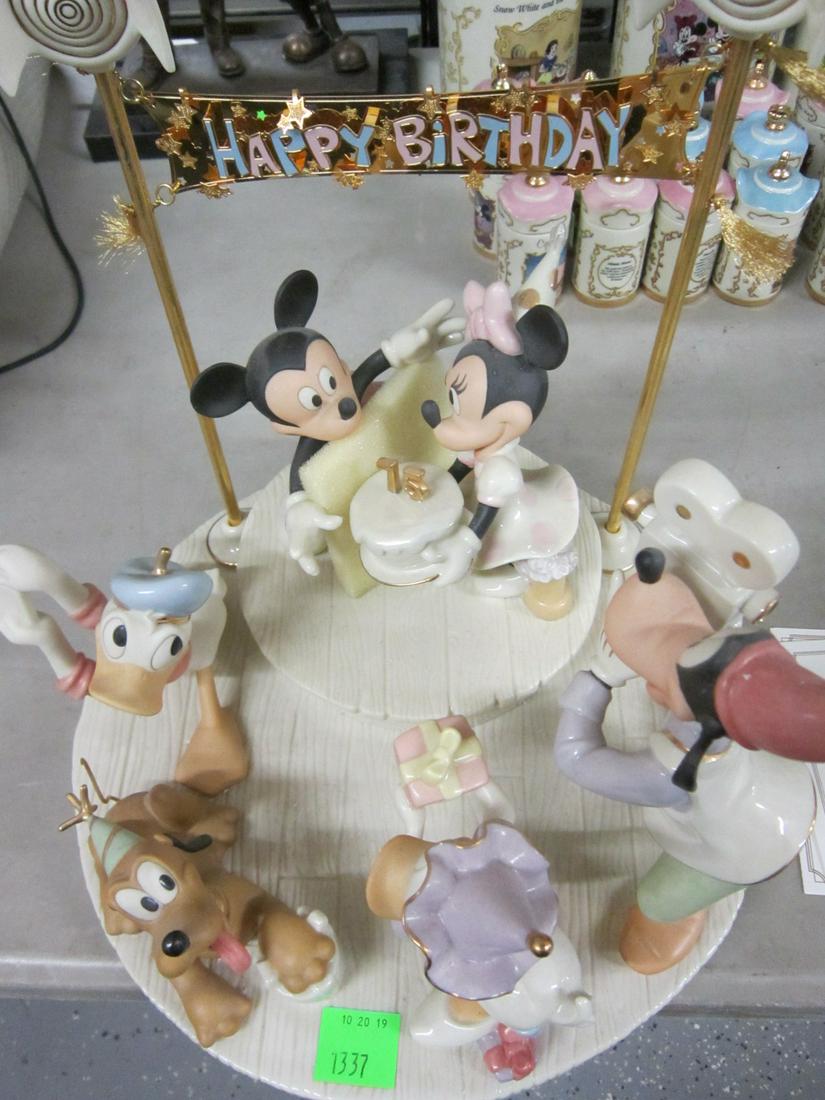 Large Lenox Disney Figurine: Large Lenox Disney Figurine, Mickey's Surprise Party, new in original packing box with Lenox over sleeves, Happy 75th Birthday, L/E 0354 / 1926, with detachable metal and porcelain banner, hand painte