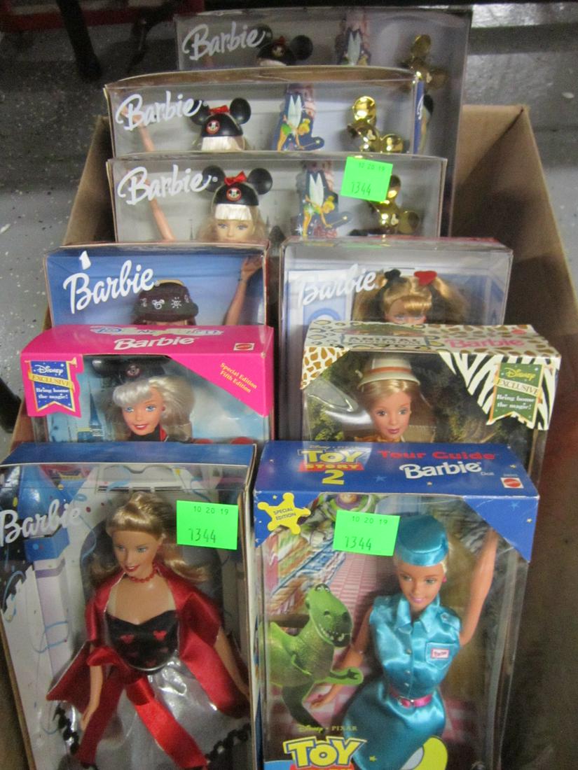 9 Assorted Disney Barbie's: Nine Assorted Disney Barbie's, all new in box including: three Disney Theme Parks Then and Now, one Walt Disney World, Four Parks, one World, One Disney favorites, one Disney Fun, one Animal Kingdom, 