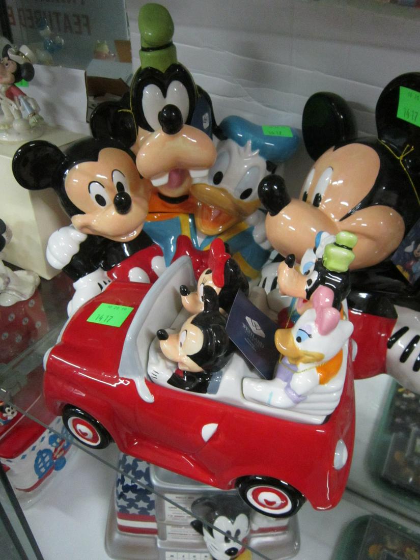 3 Disney Figural Cookie Jars: 3 Disney Figural Cookie Jars, Westland Giftware including: "Best Friends", item#18957, featuring Mickey, Donald and Goofy, Mickey Mouse, item #19546, 9" x 11 1/4" and Mickey & Friend's road Trip, item