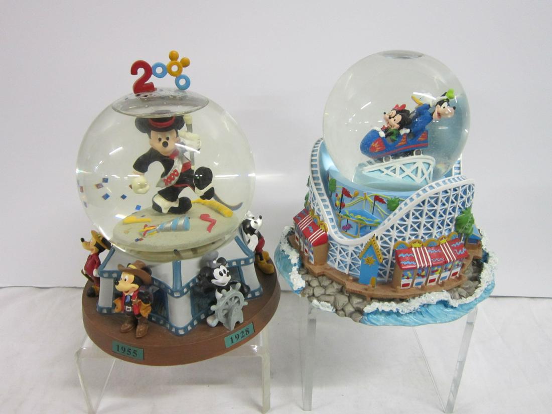 2 Disney Figural Musical Globes: 2 Disney Figural Musical Globes including: Mickey & Gang on roller coaster (Beer Barrel Polka),5 3/4' x 6 1/2"h, Disney California Adventure and Mickey through the years (Mickey Millenium) 2000, (As T