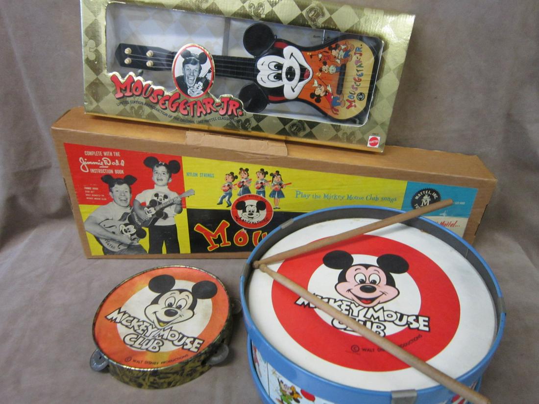 4 Mouseketeer Musical Instruments: Four Mouseketeer Musical Instruments, two in original boxes including: Mattel "Jimmy Dodd" Mouseketeer, 24" Mattel Mouseketeer - Jr, 16", Mickey Mouse Club drums with drumsticks, 11"d and Tambourine,