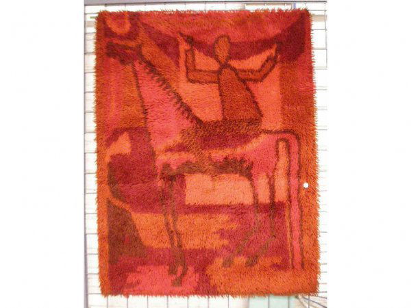 Ege Rya wool wall hanging: Ege Rya wool wall hanging, multi-colored red field with man on horseback 3' x 4'